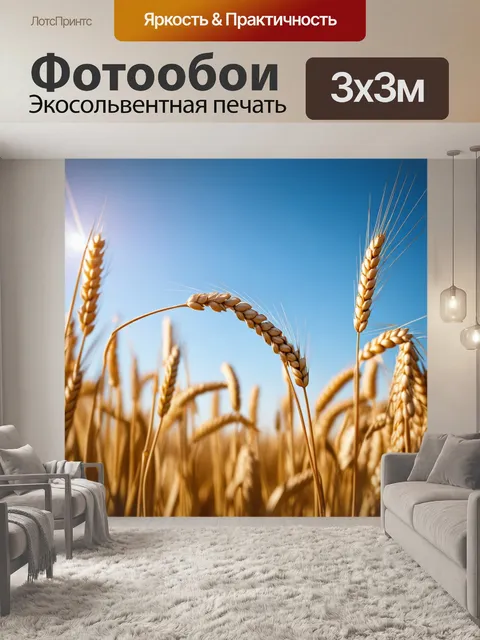 Фотообои золотое поле с нежными бежевыми колосьями, качающимися на ветру под ясным голубым небом