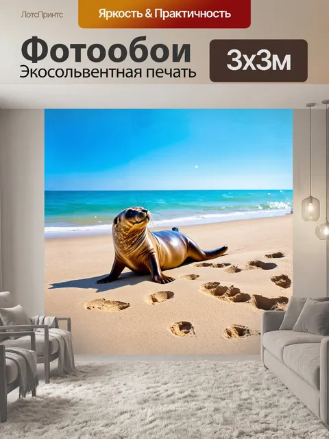 Фотообои тюлень, играючи катаясь по мягкому песчаному берегу, оставляет за собой следы на фоне лазурного моря и…