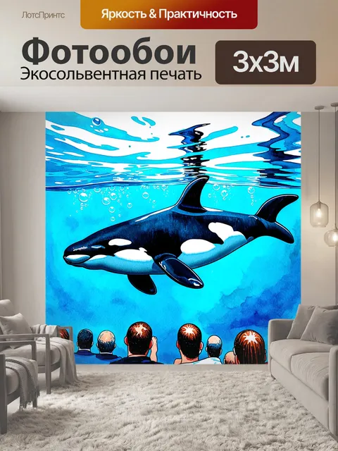 Фотообои красивая косатка, плывущая в кристально чистой воде, с яркими пузырьками, под лучами солнца, оставляющими…