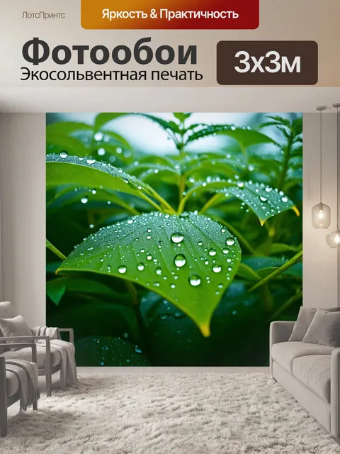 Фотообои летний дождь, собирающий капли на листьях растений, каждая капля сверкает как маленький кристалл