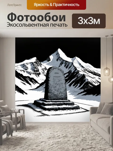 Фотообои стела, окруженная горными вершинами, покрытыми снегом, в холодный зимний день