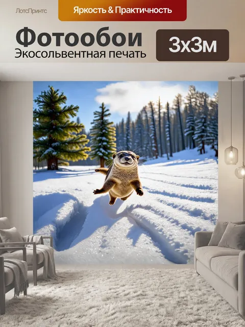 Фотообои выдра, игриво прыгающая по снежному покрову, оставляя за собой следы, словно маленькие тени