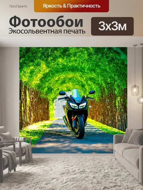 Фотообои мотоцикл среди лавровых деревьев, создающих зелёный коридор, поворачивающий в даль