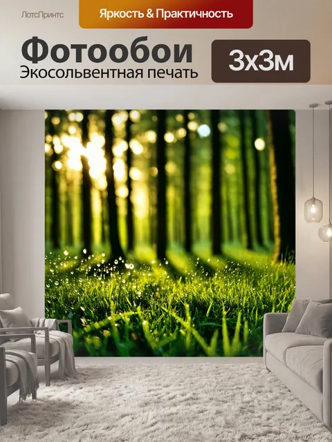 Фотообои лес с утренней росой на траве, отражающей солнечные лучи