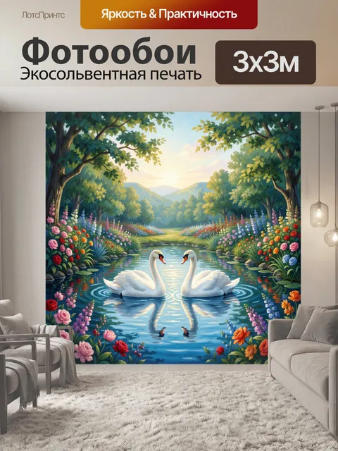 Фотообои Лебеди в цветущем саду