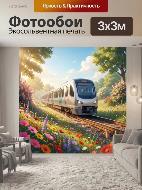 Фотообои Поезд среди цветущего луга