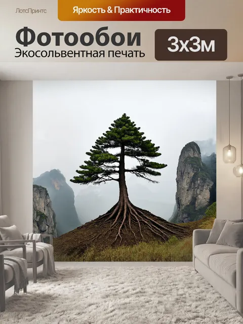 Фотообои сосна, облачённая в нежный утренний туман, возвышается напротив величественных гор хуаншаня