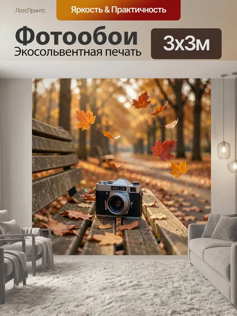 Фотообои Осенняя аллея с ретро фотоаппаратом