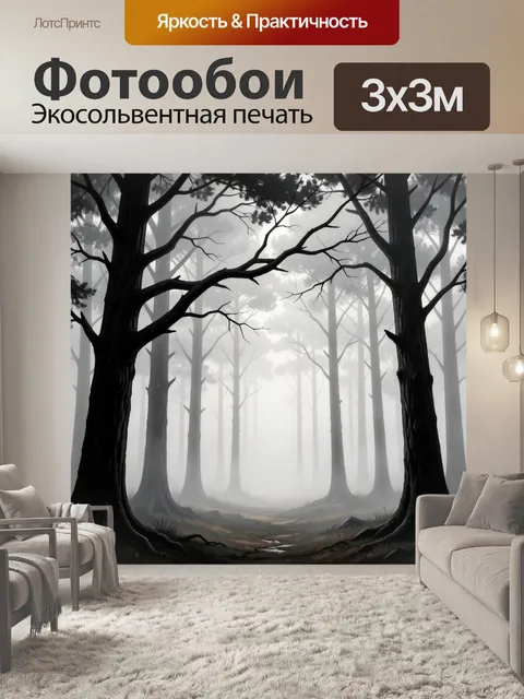 Фотообои Туманный лес с высокими деревьями