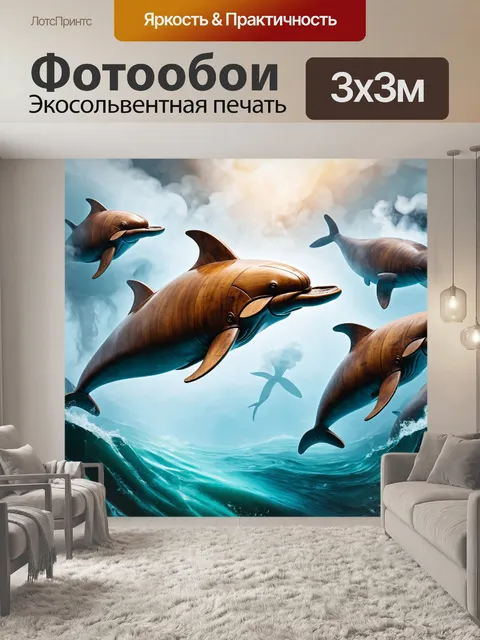 Фотообои море в стиле стимпанк, с резными деревянными дельфинами, которые плывут среди паровых облаков