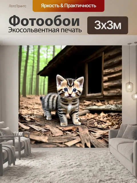 Фотообои котята, исследующие старую заброшенную хижину в лесу