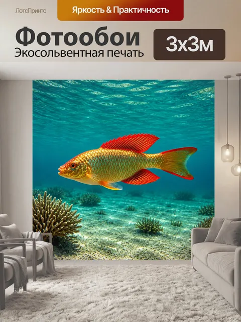 Фотообои в заливах бирюзового залива прячется рыба с золотыми и красными чешуями