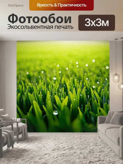 Фотообои поле с обильным зелёным покровом, на котором каждое утро появляется роса, создающая мелкие капли света