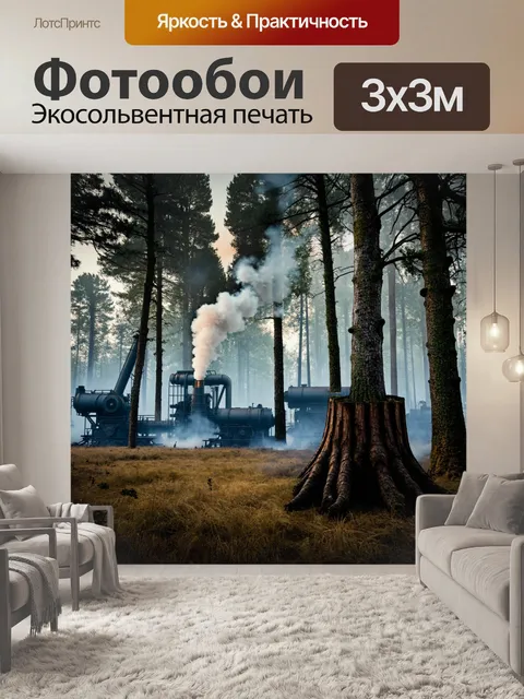 Фотообои лес в стиле дизельпанк: стволы деревьев украшены патинированным металлом