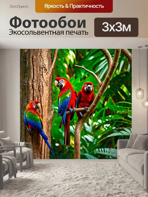 Фотообои с животными, в тропическом лесу, яркая папагаи сидят на ветках, излучая живые цвета, в то время как ленивец…