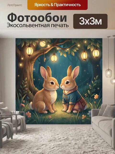 Фотообои Два кролика в лесу ночью