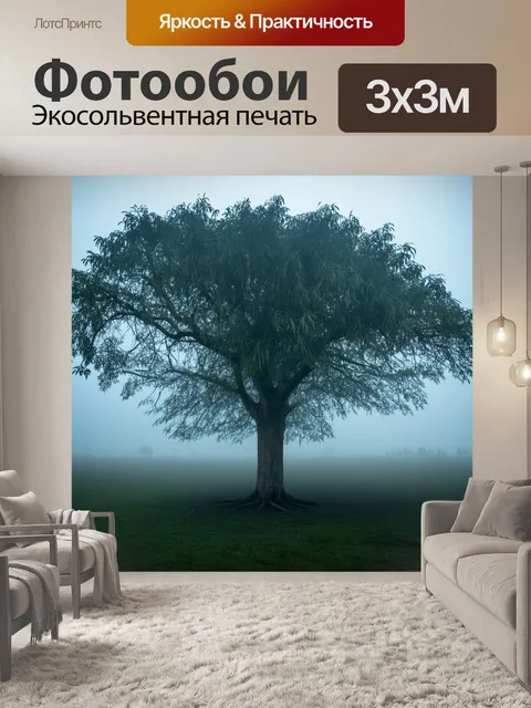 Фотообои дерево, укрытое утренним туманом, его ветви кажутся мистическими, создавая ощущение волшебства