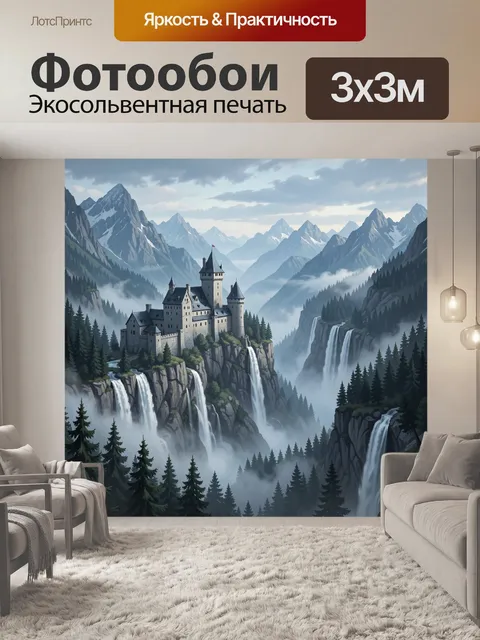 Фотообои Замок среди гор и водопадов