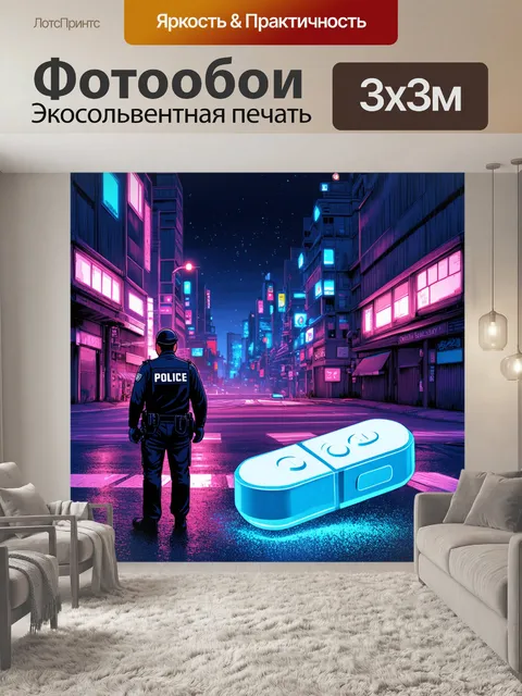 Фотообои фантастическая сценка в ночном городе, где полицейский патруль стоит на перекрестке