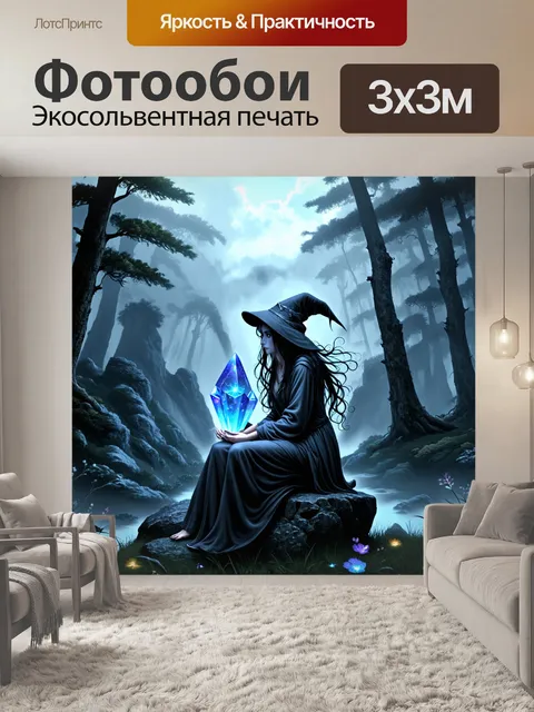 Фотообои в горах, окруженных туманом, нарисуйте старую ведьму, сидящую на скале и смотрящую в свой магический кристалл