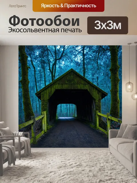 Фотообои старый, заросший мхом мост, ведущий к мрачному и таинственному лесу, где синие тени обвивают деревья