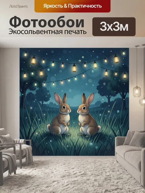 Фотообои Дружные зайцы на ночной лужайке