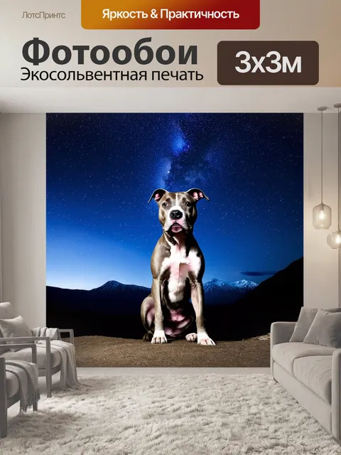 Фотообои изображение американского стаффордширского терьера, наблюдающего за звездным небом на фоне гор