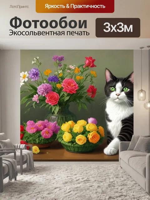 Фотообои натюрморт с цветами и котом
