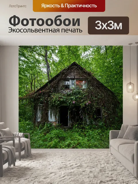 Фотообои лес с заброшенным домом с кружевами лозы и цветами