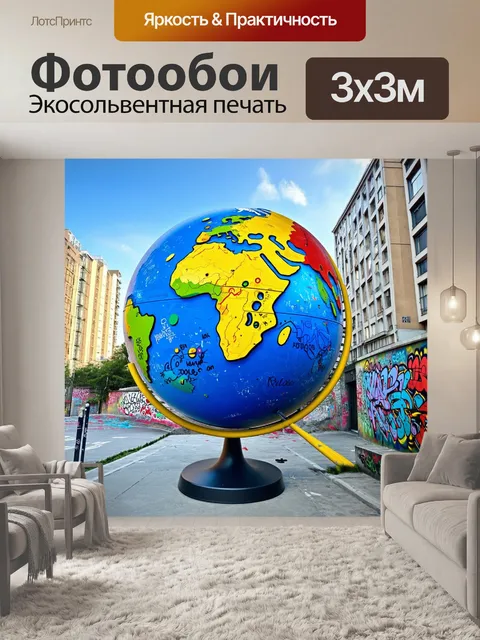 Фотообои огромный глобус, выполненный в стиле стрит-арт, с яркими граффити и абстрактными узорами, стоит на…