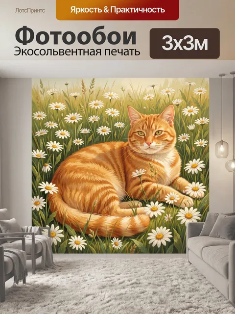 Фотообои Рыжий кот среди ромашек