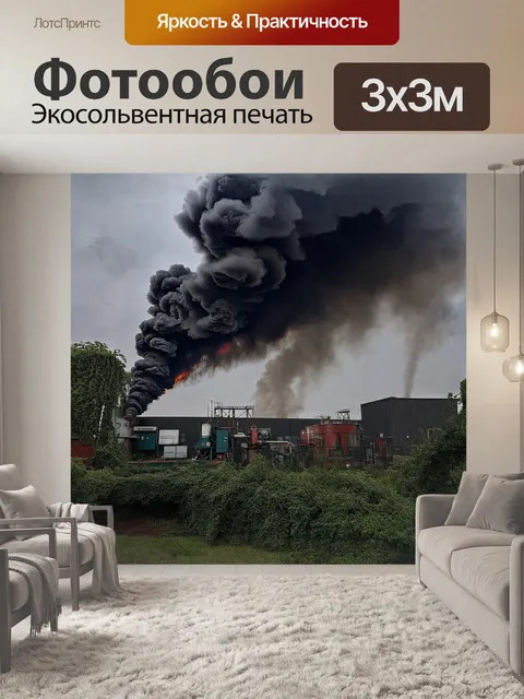 Фотообои поднимается облако черного дыма над заброшенной промышленной зоной, где когда-то кипела жизнь