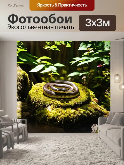 Фотообои змея, свернувшаяся в кольцо, покоится на мшистом камне в лесу, окруженная зелеными листьями и мелкими яркими…