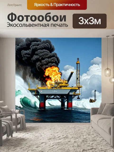 Фотообои здесь изображена сложная ситуация - пожар на нефтяной платформе, где в воздухе поднимается облако черного дыма