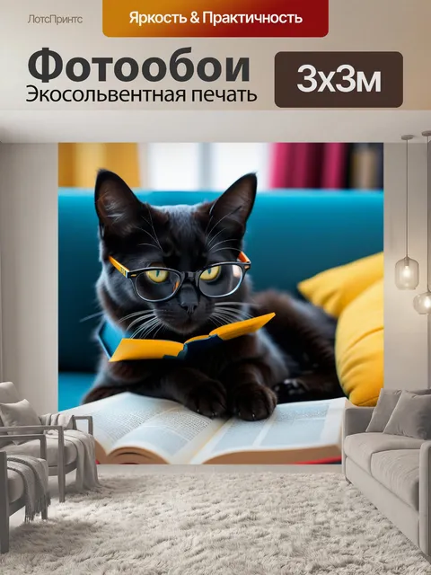 Фотообои кот в очках читает книгу на диване