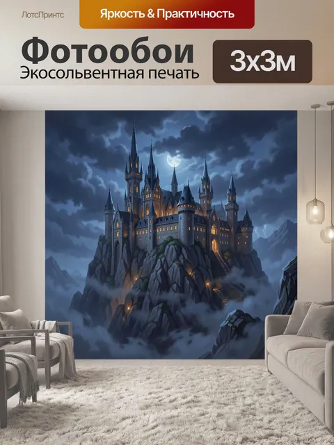 Фотообои Замок на скалистом утёсе ночью