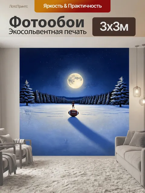 Фотообои в центре поля, покрытого свежим снегом, стоит одинокий футбольный мяч, на который падает свет луны