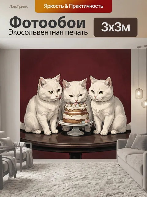Фотообои Три белых кота с тортом