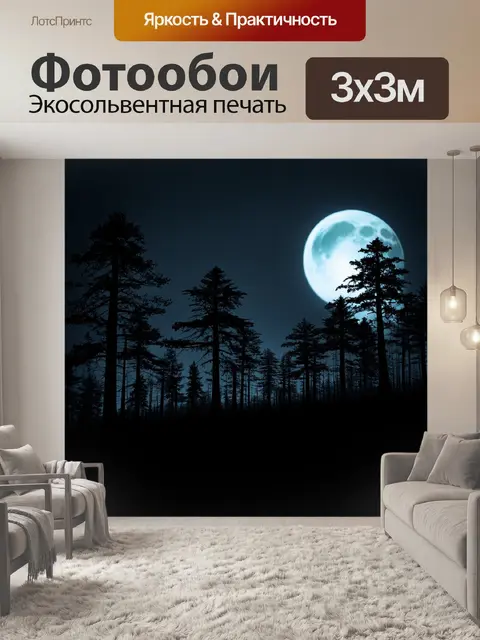 Фотообои черный с месистыми черными лесами, освещенными лунным светом