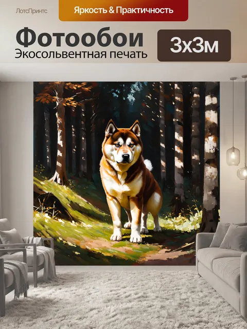 Фотообои в темной лесной обстановке, акита-ину с таинственным взглядом исследует окружающую природу