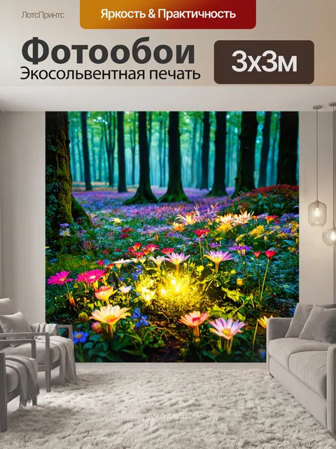 Фотообои волшебный лес с яркими цветами и светящимися существами