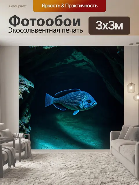 Фотообои в подводной пещере злой рыба-сердце, её чешуя темна и затенена, играет с тенями, создавая мрачную атмосферу