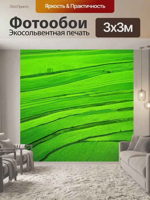 Фотообои зеленые в стиле японская тушь с пейзажем полей, расчерченных стилизованными линиями