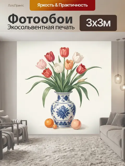 Фотообои Букет тюльпанов в фарфоровой вазе