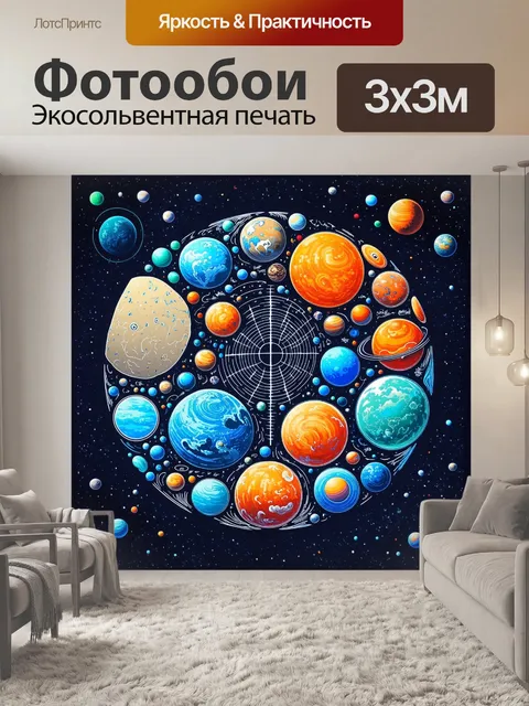 Фотообои солнечная система, изображенная в виде красочной, стилизованной карты, где каждая планета имеет уникальный…