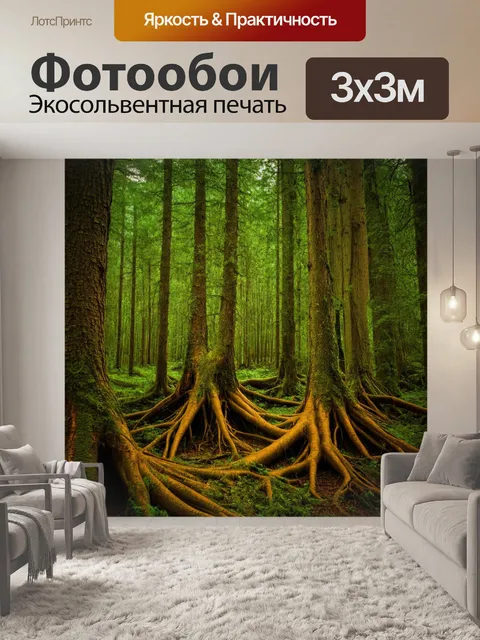 Фотообои густой кедровый лес, сложные корни, атмосферные деревья, смешение зелёных и коричневых оттенков