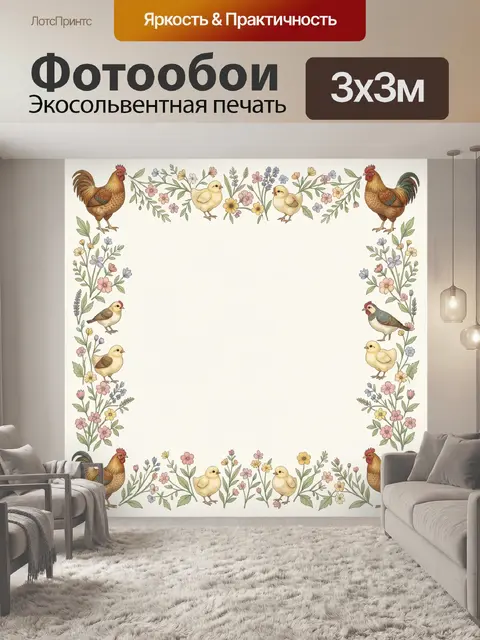 Фотообои Петухи и цыплята в ботаническом венке