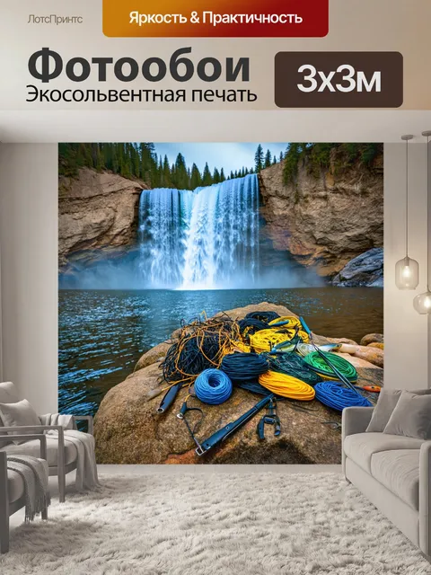 Фотообои водопад, за которым расположены рыболовные принадлежности, располоденные на камнях, в волнующем пейзаже