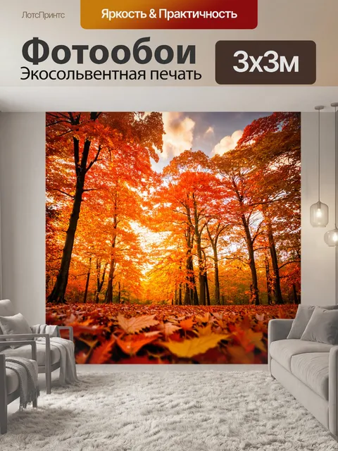 Фотообои оранжевый цвет: осенний лес, где деревья окрашены в оранжевые и золотые оттенки