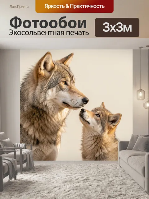 Фотообои Изображение с крупным планом волчицы и её волчонка на светлом нейтральном фоне